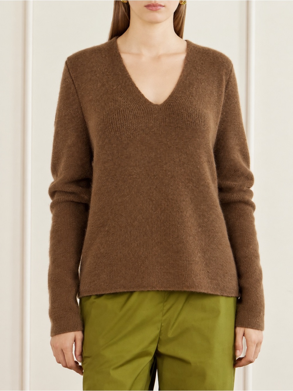 Jaeger 100% Alpaca Camel Brown V-Neck Sweater Soft Oversized Great Britain L